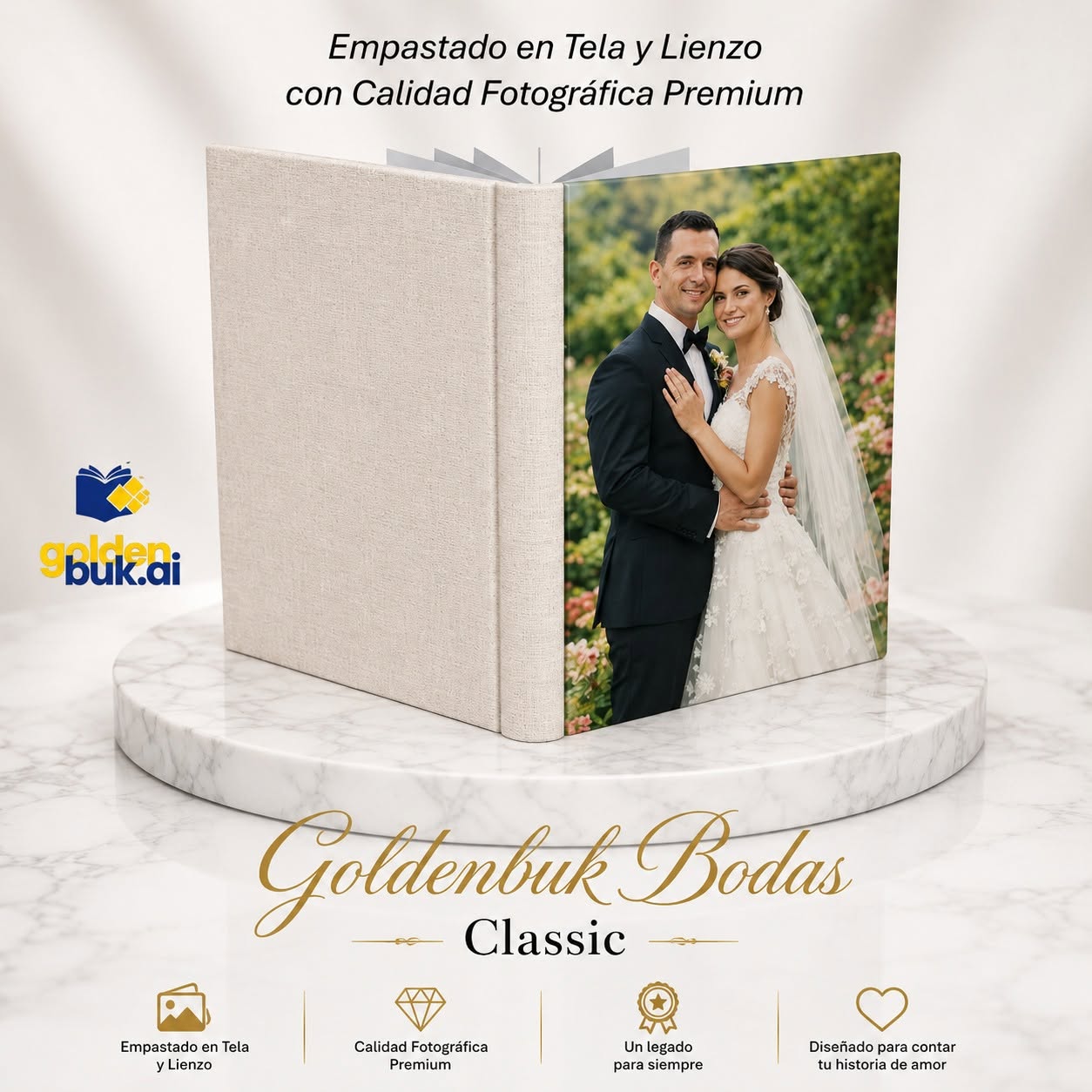 Libro Goldenbuk Bodas Classic, empastado en tela y lienzo, sobre un pedestal de mármol