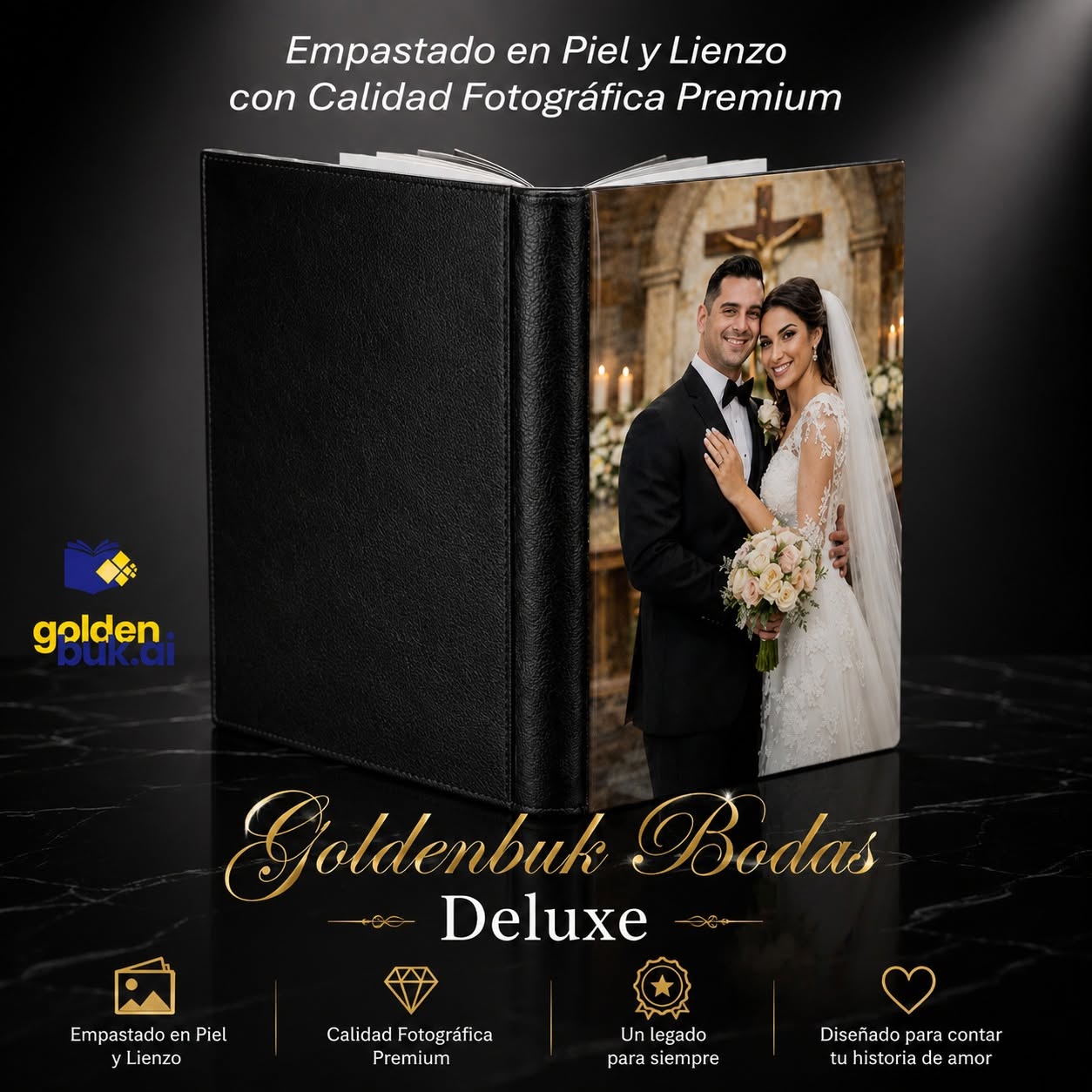 Libro Goldenbuk Bodas Deluxe, empastado en piel y lienzo, sobre mármol negro