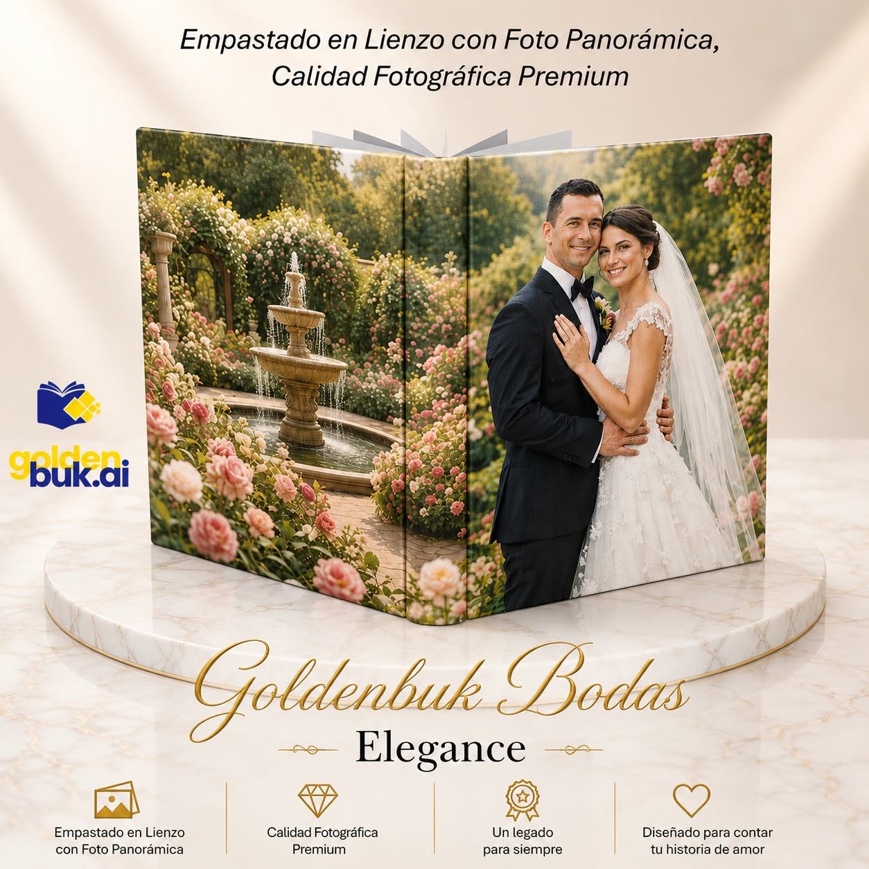 Libro Goldenbuk Bodas Elegance, empastado en lienzo con una fotografía panorámica de los novios